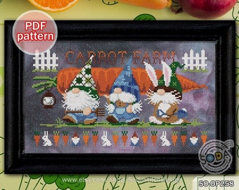 May include: Cross stitch pattern for a whimsical carrot farm scene with three gnomes and a bunny. The gnomes are wearing colorful hats and holding gardening tools. The bunny is holding a watering can. The pattern is titled "Carrot Farm" and includes a white picket fence and a large carrot.