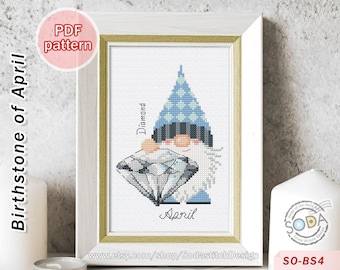 Kruissteekpatroon pdf Diamantjuweel Edelsteen Sieraden Sieraden Kabouter, SO-BS4 'Birthstone of April'