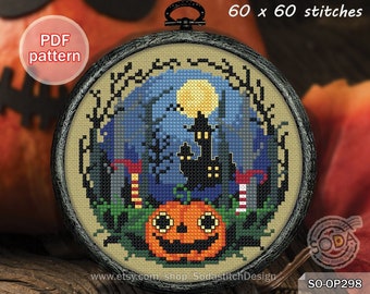 Halloween Cross Stitch Pattern  pdf Autumn Fall Ghost Spooky Pumpkin Witch Small Easy Simple Modern for Beginner,SO-OP298 'Halloween Night'