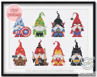 Super Hero Gnome,cross stitch pattern pdf  Modern Character for Beginner Easy Fun  Counted Instant PDF Download,SO-OP234 &#39;Super Hero Gnome&#39;