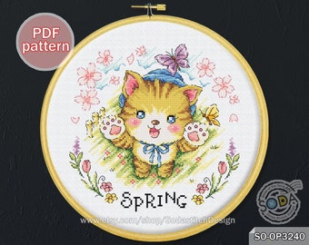 Patrón de punto de cruz pdf Four Seasons Spring Cat Modern Instant pdf Descargar gráfico contado,SO-OP3240 'Spring Cat'