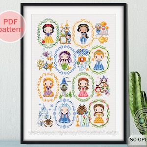 Princesses Cross Stitch Pattern,Snow White Little Mermaid Cinderella Aladdin Rapunzel Beauty and the Beast,SO-OPG135A 'Mini Princesses'