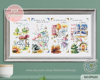 Four Season Cross Stitch Pattern,Spring Summer Fall Autumn Winter Modern Instant Landscape Counted Chart,SO-OPG20 'Story of Four Season'