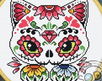 A FIESTA Forever Sugar Skull Cat and Bird cross stitch chart A FIESTA Forever Sugar Skull Cat and Bird cross stitch chart