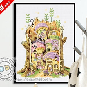 Cross Stitch Pattern pdf Fairy Mushroom Village Sprite Counted Cross Stitch pattern Instant pdf Download,SO-OP142 &#39;Fairy Village&#39;