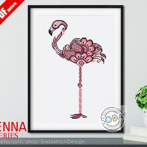 Flamant rose, grille de point de croix, motif point de croix compté, téléchargement instantané de PDF, SO-OP88 « HENNA Flamingo »