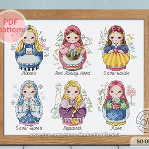Cross Stitch Pattern pdf Alice Red Riding Hood Snow White Queen Rapunzel Modern Instant pdf download counted,SO-OPG92 &#39;Matryoshka&#39;