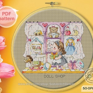 Doll Shop Cross Stitch Pattern pdf Mini Store Mini Shop Toy Cute Modern Instant Download Counted Chart,SO-OPG1632 &#39;Pop-up Store_DOLL SHOP&#39;