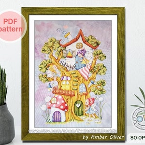 May include: A framed cross-stitch pattern featuring a whimsical treehouse scene. The artwork depicts fairies, a mushroom house, and a tree with a house built into it. The text "PDF pattern" is in the upper left corner. The artist's name and shop URL are at the bottom.