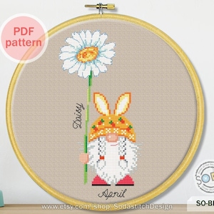 Bloem geboortemaand, april, Daisy Elf Gnome-patroon, pdf-kruissteekkaart, geteld kruissteekpatroon, SO-BF4 'Geboortebloem van april'