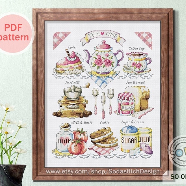 Cross Stitch Pattern pdf Sampler Modern, SO-OPG16 'Tea Time'