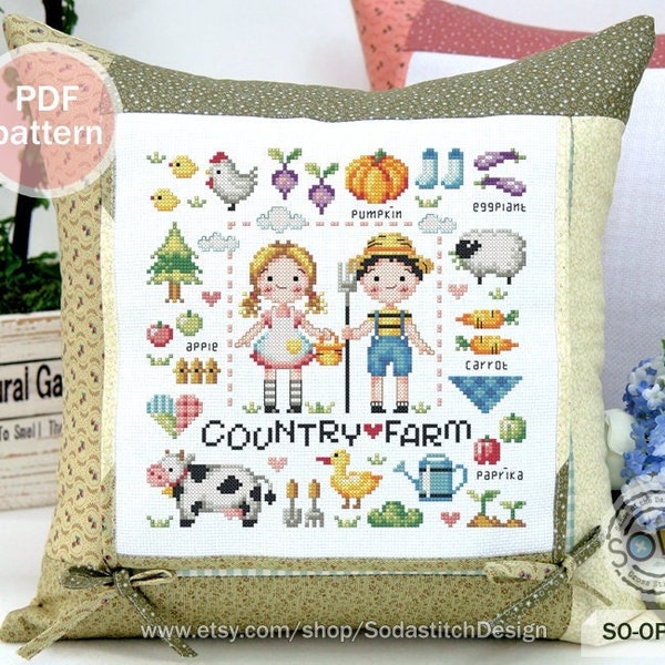 Country Farm Cross Stitch Pattern,Cute Farmer Animal Sampler Grid Modern Instant pdf Download Counted Chart,SO-OP3189 'Coutry Farm'