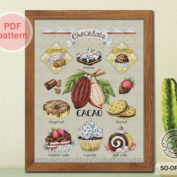 Cross Stitch Pattern,Sampler Dessert Chocolate Roll cake Cup Cake Doughnut Modern instant pdf download counted chart,SO-OPG149 'CACAO'