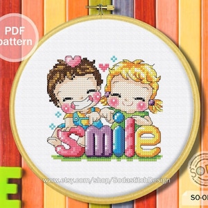 SMILE Cross Stitch Pattern,Cute Girl Boy Hoop Modern Instant pdf Download Counted Chart,SO-OP440 &#39;SMILE&#39;