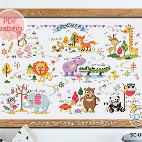 Cross Stitch Pattern pdf Zoo Animal Fox Elephant Bear Panda Lion Monkey Modern Instant pdf Download Counted,SO-OPG73 'ZOO MAP'