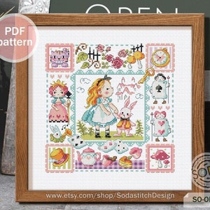 Alice in Wonderland Cross Stitch Pattern,Fairy Tale Story Book Modern Instant pdf Download Counted Chart,SO-OP3177 &#39;Alice in Wonderland&#39;