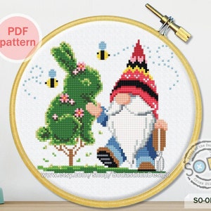 Cross Stitch Pattern pdf Happy Easter Gnome Gardening Rabbit Bunny Elf Fairy Counted Instant PDF Download,SO-OP187 'GNOME_GARDENING'