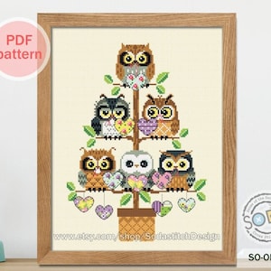 Cross Stitch Pattern pdf Owl Tree Animal Digital Chart Grid Scheme Counted Instant Download,SO-OP185 &#39;Valentines Owls&#39;