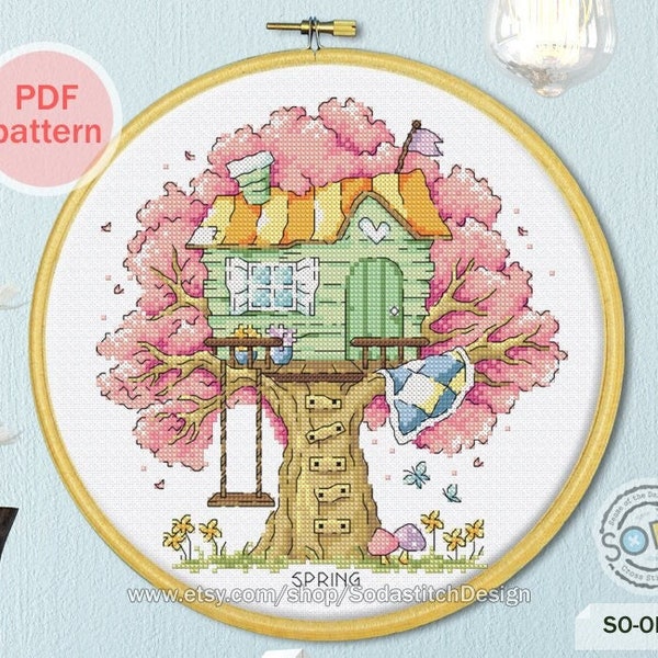 Tree  house Spring Cross Stitch Pattern,modern instant pdf download counted chart,SO-OP205 'Tree  House-SPRING'