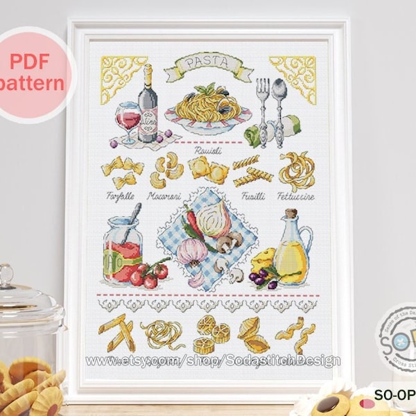 Cross Stitch Pattern pdf Kitchen Dining Room Decor Macaroni Onion Cooking Sampler, SO-OPG108 'PASTA'