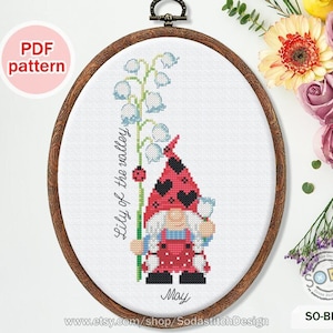 Birth Month Flower cross stitch pattern pdf Lily of the valley 12 Month Gnome Girl Fairy Sprite Download,SO-BF25 'Birth Flower of May_GIRL'
