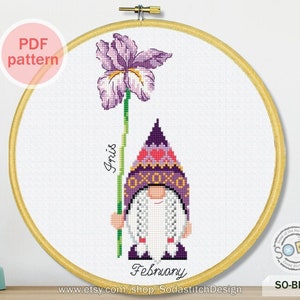 Geboortemaand bloem, februari, Iris Gnome Garden Elf moderne instant pdf download getelde grafiek, SO-BF2 'geboortebloem van februari'