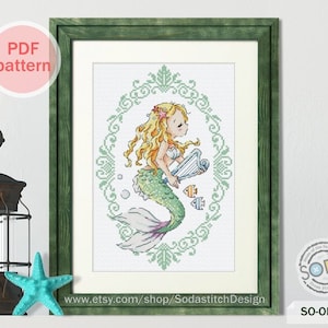 Modèle de point de croix princesse sirène, livre d'histoire de conte de fées de la petite sirène moderne sous le graphique de la mer, SO-OP201 'Princess Mermaid'
