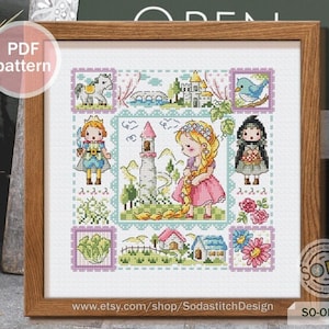 Rapunzel Cross Stitch Pattern,Fairy tale Story book Prince Princess Modern Instant pdf Download Counted Chart,SO-OP3220 &#39;Rapunzel&#39;