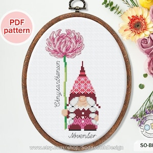 Birth Month Flower cross stitch pattern pdf Chrysanthemum 12 Month Gnome Girl Fairy Sprite Download,SO-BF31 'Birth Flower of November_GIRL'