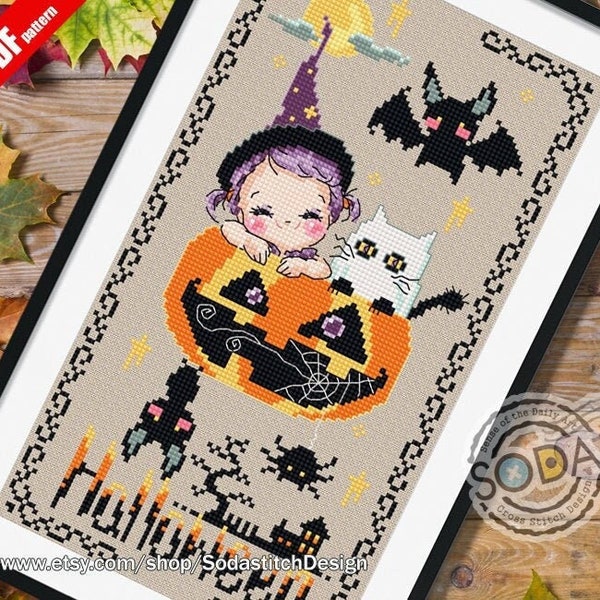 Halloween cross stitch pattern pdf fun cute pumpkin cat instant PDF download,SO-OP160 'Hello Halloween'