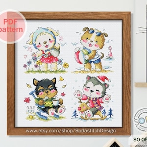 Vier seizoenen honden kruissteekpatroon, schattige dierenpuppy moderne xstitch Instant pdf download getelde grafiek, SO-OP3196 'Vier seizoenen honden'