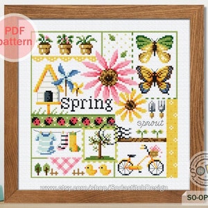 Four Seasons SPRING Cross Stitch Pattern,Sampler PDF Cross Stitch chart,Counted Cross Stitch pattern,SO-OP3146 &#39;Four Seasons_SPRING&#39;