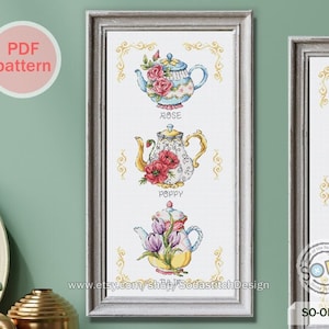 Bloemen theepot kruissteekpatroon, roos klaproos tulp xstitch raster modern Instant pdf download getelde grafiek, SO-OPG87 'Bloemtheepot'