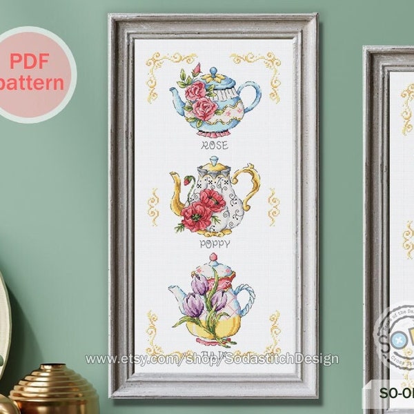 Fleur Théière Cross Stitch Pattern, Rose Poppy Tulip Xstitch Grid Modern Instant pdf Download Counted Chart, SO-OPG87 'Flower Teapot'