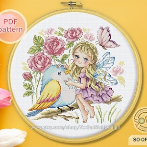 Korsstygnsmönster pdf Älv Älv Sprite Fågel Modern, SO-OP3229 'Rosälva'