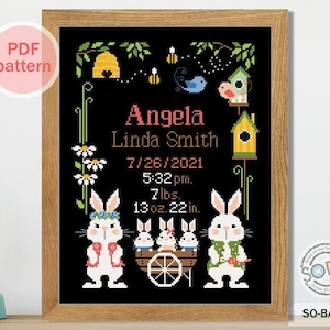 Baby Birth Announcement,Bunny Family,Cross Stitch Pattern,Cross Stitch chart,Counted Cross Stitch pattern,SO-BA29 &#39;Bunny Family&#39;