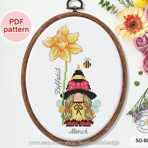 Birth Month Flower cross stitch pattern pdf Narcissus Daffodil 12 Month Gnome Girl Fairy Download,SO-BF23 'Birth Flower of March_GIRL'