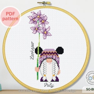 Birth Month Flower,July,Gnome Cross Stitch Pattern,PDF Cross Stitch chart,Counted Cross Stitch pattern,SO-BF7 'Birth Flower of July'