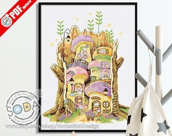 Cross Stitch Pattern pdf Fairy Mushroom Village Sprite Counted Cross Stitch pattern Instant pdf Download,SO-OP142 'Fairy Village'