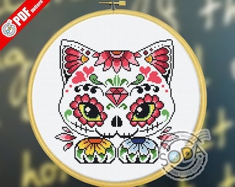 Sugar Skull Cross Stitch Pattern,Cross Stitch chart,Counted Cross Stitch pattern,Instant PDF Download,SO-OP75 "Cat Sugar Skull 1"