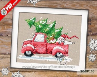 Christmas Cross Stitch Pattern pdf Red Truck Funny Santa Rudolph Winter Counted Instant Download,SO-OP166 'Christmas Tree Delivery'