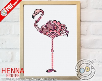 SO-OP88 "HENNA Flamingo" , instant PDF download / printable cross stitch pattern chart of sodastitch