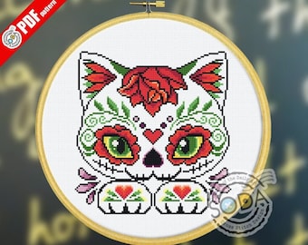 Sugar Skull Cross Stitch Pattern,Cross Stitch chart,Counted Cross Stitch pattern,Instant PDF Download,SO-OP77 'Cat Sugar Skull 3'