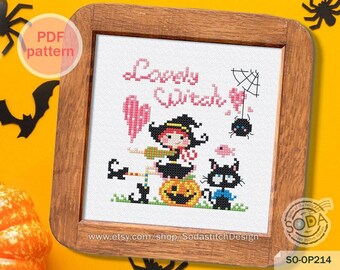 Witch Cross Stitch Pattern,for Beginner Black Cat Spider Pumpkin Halloween Modern Instant pdf Download Counted Chart,SO-OP214 'Lovely Witch'