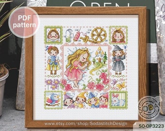 Patrón de punto de cruz en PDF, Libro de cuentos de hadas moderno, SO-OP3223 'La Bella Durmiente'