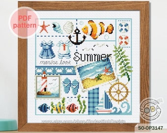 May include: A colorful cross-stitch pattern featuring a summer theme with a lighthouse, seashells, fish, and the word "Summer". The pattern is framed in a wooden frame and includes the text "marine look" and "www.etsy.com/shop/SodastitchDesign".