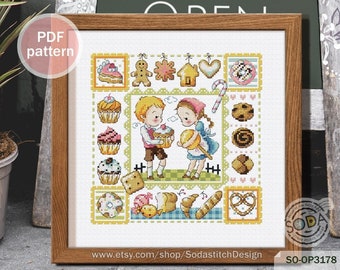 Patrón de punto de cruz en PDF, cuento de hadas moderno, SO-OP3178 'Hansel y Gretel'