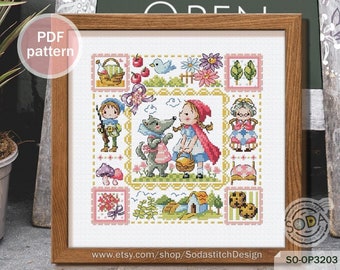 Patrón de punto de cruz en PDF, cuento de hadas moderno, SO-OP3203 'Caperucita Roja'