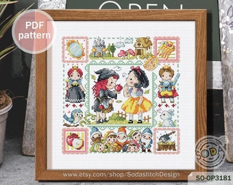 Patrón de punto de cruz en PDF, Libro de cuentos de hadas moderno, SO-OP3181 'Blancanieves'