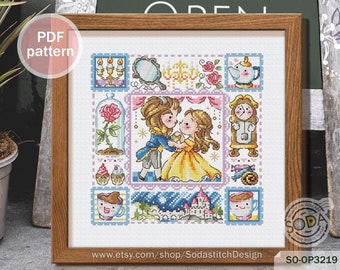 Patrón de punto de cruz en PDF Cuento de hadas moderno, SO-OP3219 'La Bella y la Bestia'